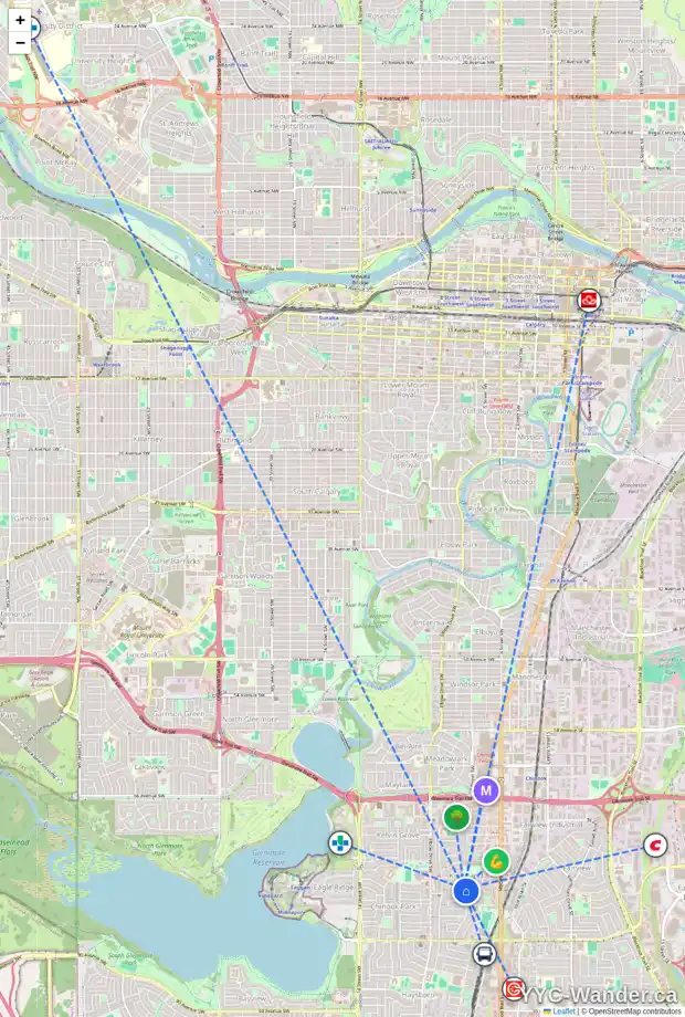 Daily accessibility map for 7707 5 ST SW, Calgary showing nearby schools, grocery stores, parks, LRT stations and nearby amenities