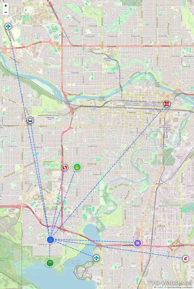 Daily accessibility map for 2952 LINDSAY DR SW, Calgary showing nearby schools, grocery stores, parks, LRT stations and nearby amenities