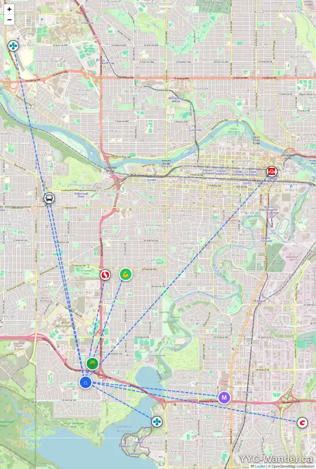Daily accessibility map for 6216 LLOYD CR SW, Calgary showing nearby schools, grocery stores, parks, LRT stations and nearby amenities