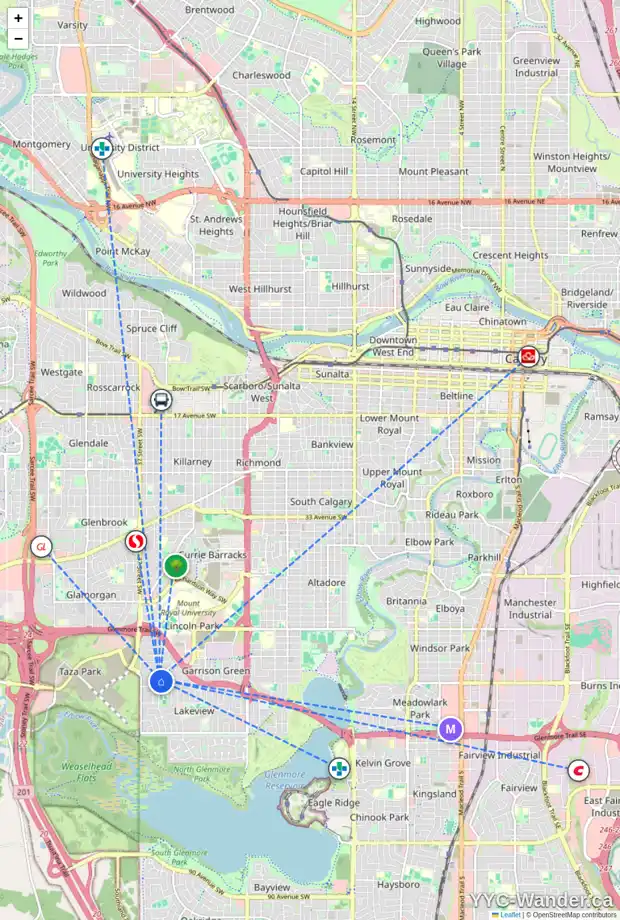 Daily accessibility map for 5836 LODGE CR SW, Calgary showing nearby schools, grocery stores, parks, LRT stations and nearby amenities