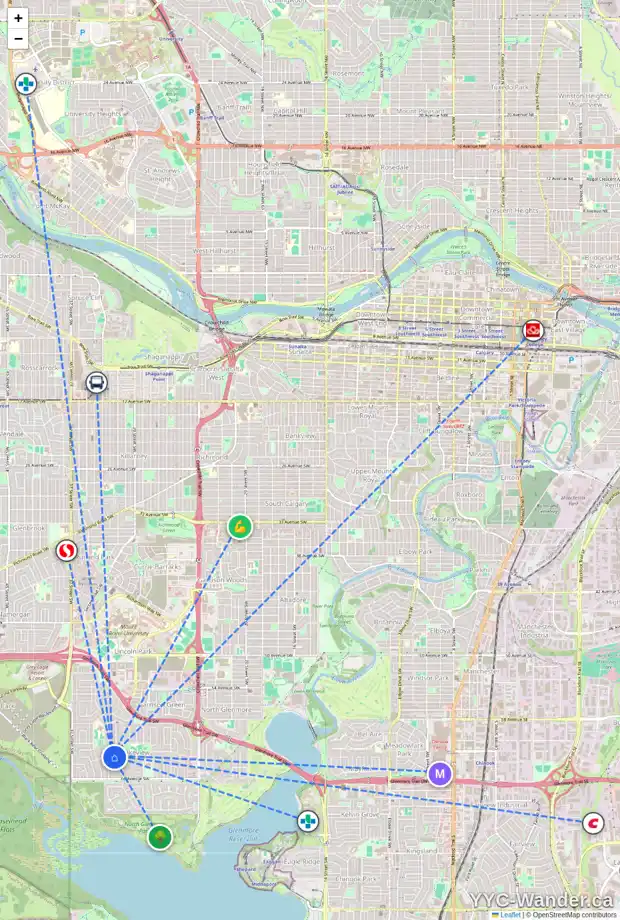 Daily accessibility map for 3411 62 AV SW, Calgary showing nearby schools, grocery stores, parks, LRT stations and nearby amenities