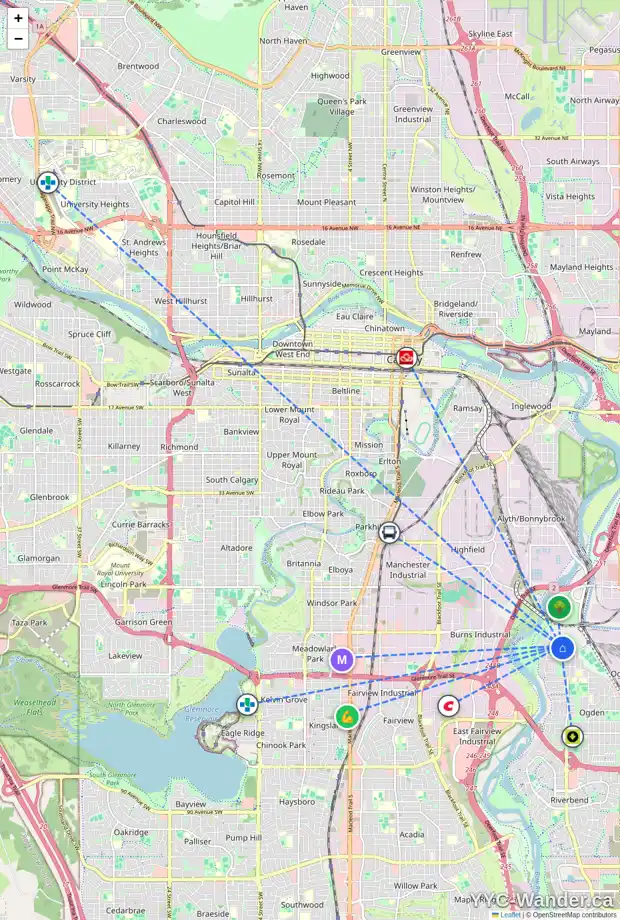 Daily accessibility map for 6210 17A ST SE, Calgary showing nearby schools, grocery stores, parks, LRT stations and nearby amenities