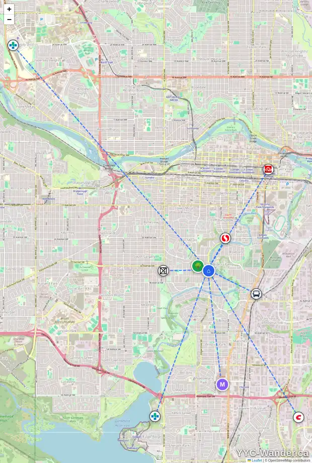 Daily accessibility map for 517 34 AV SW, Calgary showing nearby schools, grocery stores, parks, LRT stations and nearby amenities