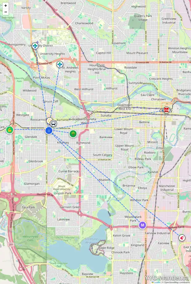 Daily accessibility map for 211 1919 36 ST SW, Calgary showing nearby schools, grocery stores, parks, LRT stations and nearby amenities