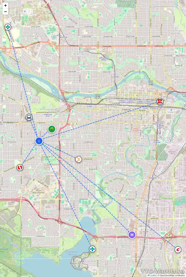 Daily accessibility map for 2612 30 ST SW, Calgary showing nearby schools, grocery stores, parks, LRT stations and nearby amenities