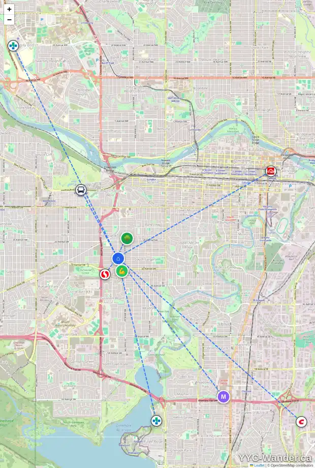 Daily accessibility map for 2201 30 AV SW, Calgary showing nearby schools, grocery stores, parks, LRT stations and nearby amenities