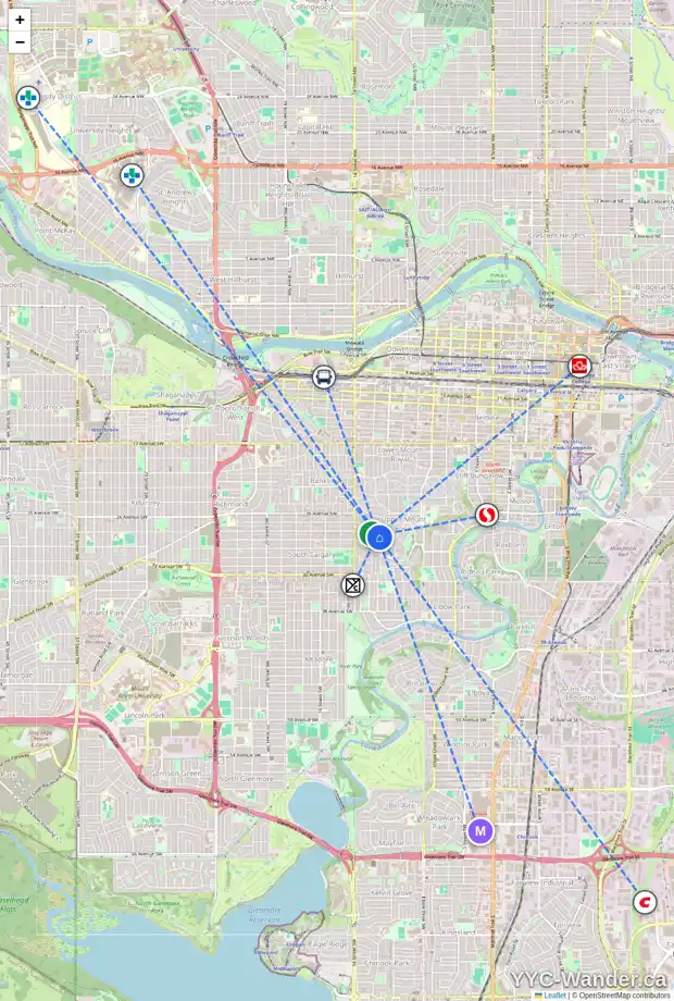 Daily accessibility map for 2910 MONTCALM CR SW, Calgary showing nearby schools, grocery stores, parks, LRT stations and nearby amenities