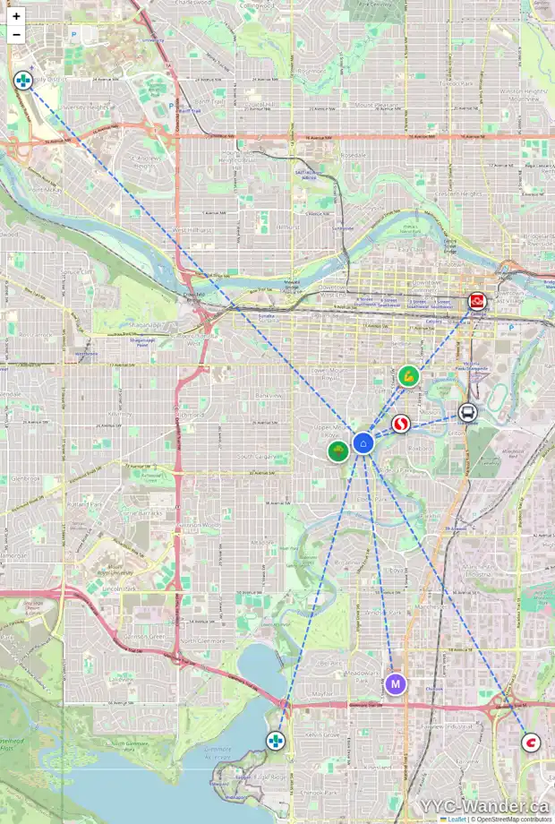 Daily accessibility map for 3005 6 ST SW, Calgary showing nearby schools, grocery stores, parks, LRT stations and nearby amenities
