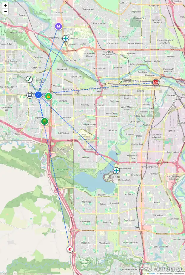 Daily accessibility map for 19 99 CHRISTIE PT SW, Calgary showing nearby schools, grocery stores, parks, LRT stations and nearby amenities
