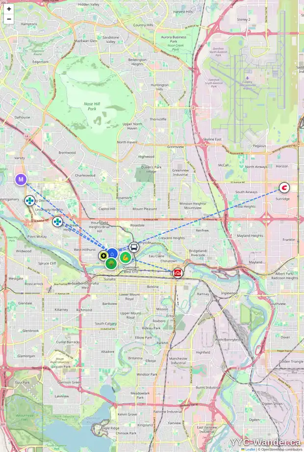 Daily accessibility map for 1710 1 AV NW, Calgary showing nearby schools, grocery stores, parks, LRT stations and nearby amenities
