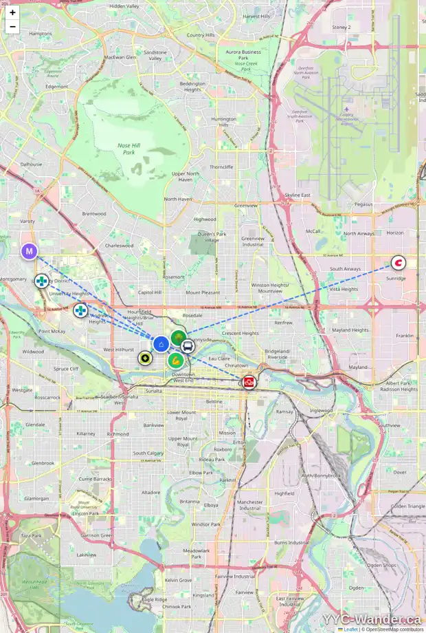 Daily accessibility map for 617 15 ST NW, Calgary showing nearby schools, grocery stores, parks, LRT stations and nearby amenities