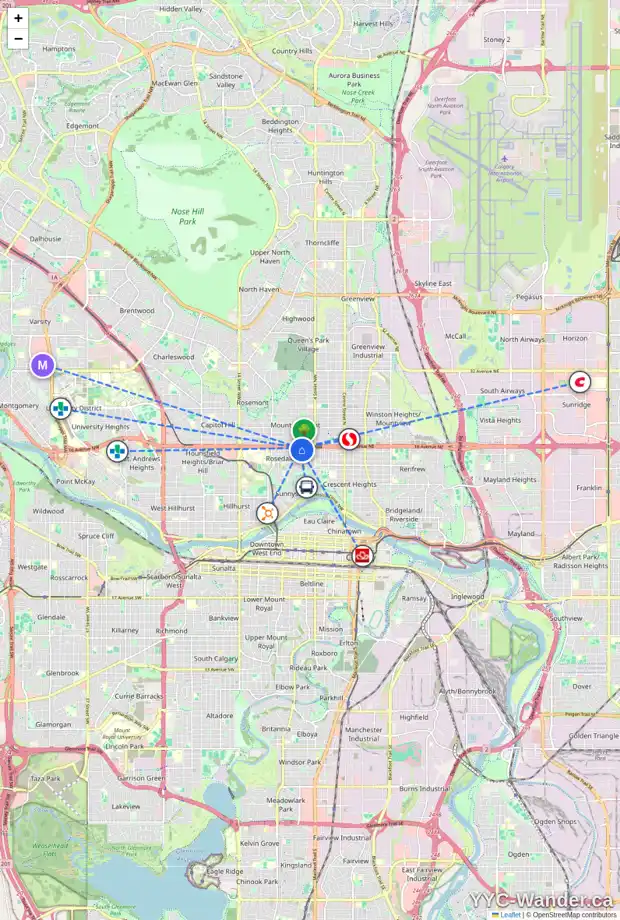 Daily accessibility map for 1633 6 ST NW, Calgary showing nearby schools, grocery stores, parks, LRT stations and nearby amenities