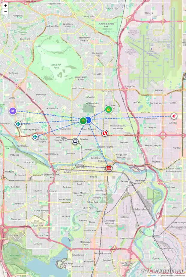 Daily accessibility map for 730 27 AV NW, Calgary showing nearby schools, grocery stores, parks, LRT stations and nearby amenities