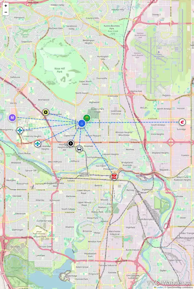 Daily accessibility map for 35A ROSETREE RD NW, Calgary showing nearby schools, grocery stores, parks, LRT stations and nearby amenities