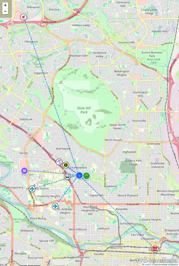 Daily accessibility map for 3035 CANMORE RD NW, Calgary showing nearby schools, grocery stores, parks, LRT stations and nearby amenities