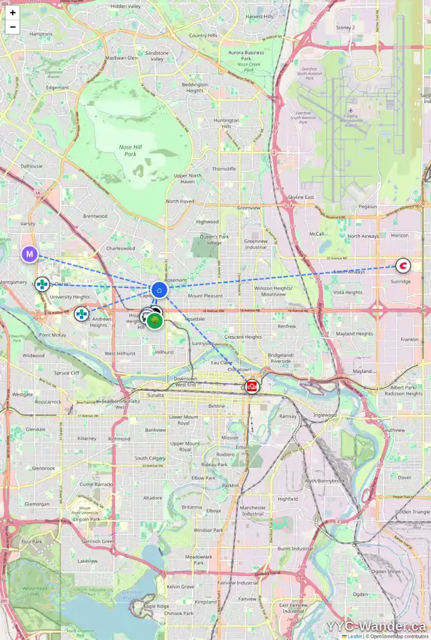 Daily accessibility map for 1615 23 AV NW, Calgary showing nearby schools, grocery stores, parks, LRT stations and nearby amenities