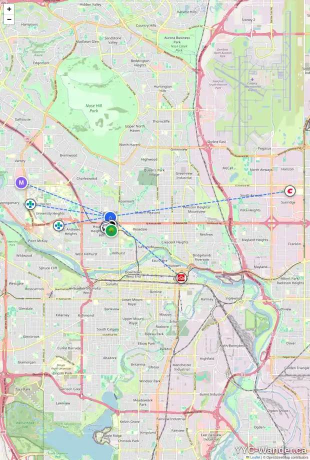 Daily accessibility map for 1723 19 AV NW, Calgary showing nearby schools, grocery stores, parks, LRT stations and nearby amenities