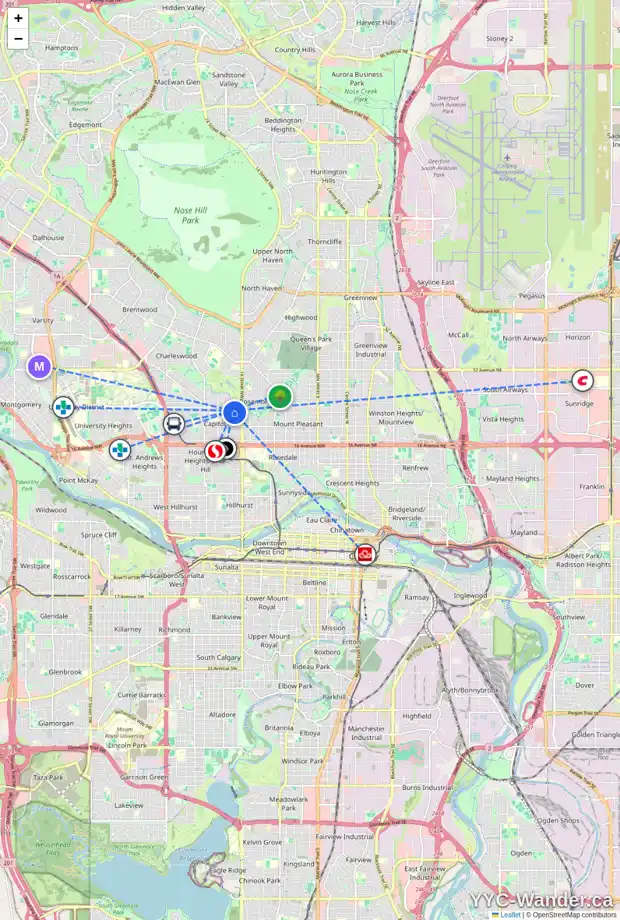 Daily accessibility map for 1604 23 AV NW, Calgary showing nearby schools, grocery stores, parks, LRT stations and nearby amenities