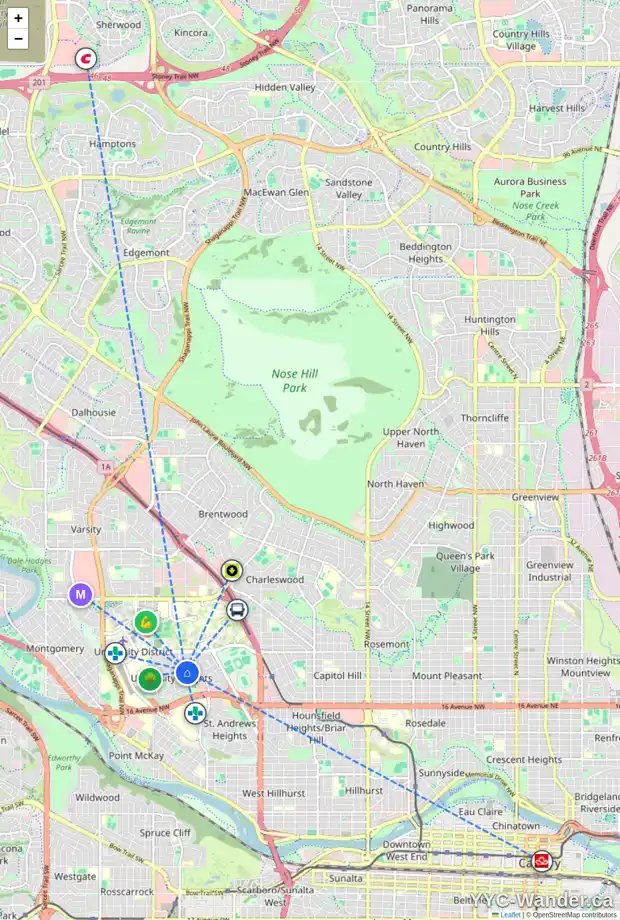 Daily accessibility map for 2236 UXBRIDGE DR NW, Calgary showing nearby schools, grocery stores, parks, LRT stations and nearby amenities