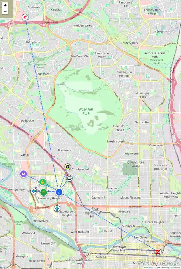 Daily accessibility map for 2423 USHER RD NW, Calgary showing nearby schools, grocery stores, parks, LRT stations and nearby amenities