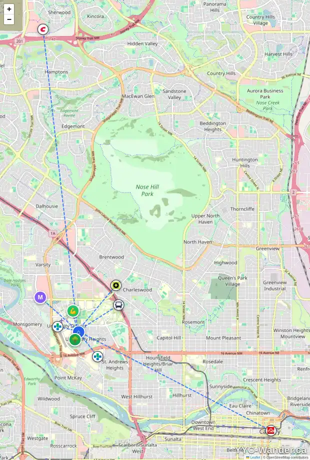 Daily accessibility map for 3711 UNDERHILL PL NW, Calgary showing nearby schools, grocery stores, parks, LRT stations and nearby amenities