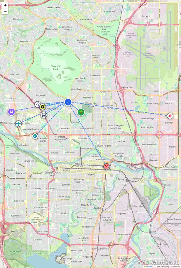 Daily accessibility map for 4032 COMANCHE RD NW, Calgary showing nearby schools, grocery stores, parks, LRT stations and nearby amenities