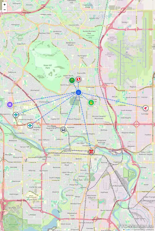 Daily accessibility map for 207 HENDON DR NW, Calgary showing nearby schools, grocery stores, parks, LRT stations and nearby amenities
