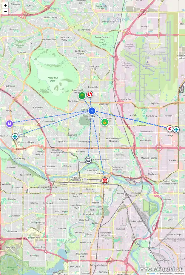 Daily accessibility map for 4416 4 ST NW, Calgary showing nearby schools, grocery stores, parks, LRT stations and nearby amenities
