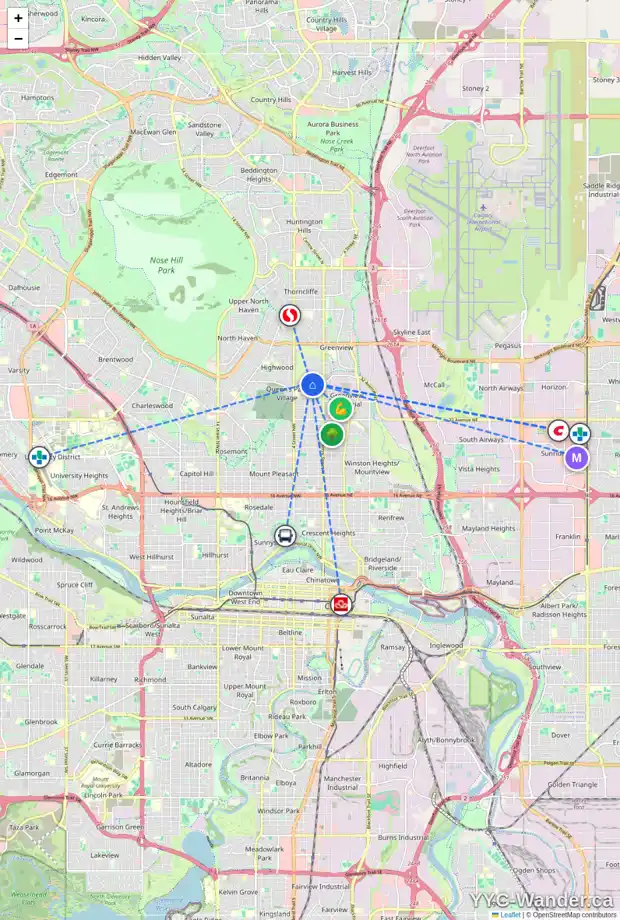 Daily accessibility map for 4024 2 ST NW, Calgary showing nearby schools, grocery stores, parks, LRT stations and nearby amenities