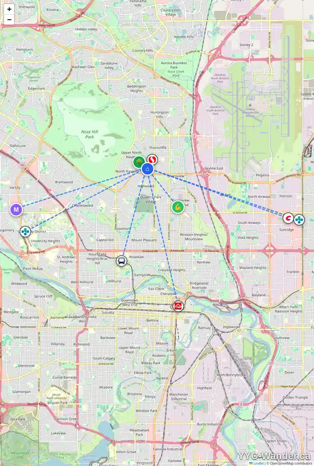 Daily accessibility map for 639 THORNHILL DR NW, Calgary showing nearby schools, grocery stores, parks, LRT stations and nearby amenities