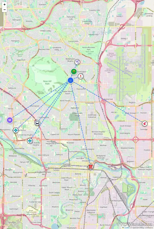 Daily accessibility map for 7011 HUNTERBOW CR NW, Calgary showing nearby schools, grocery stores, parks, LRT stations and nearby amenities
