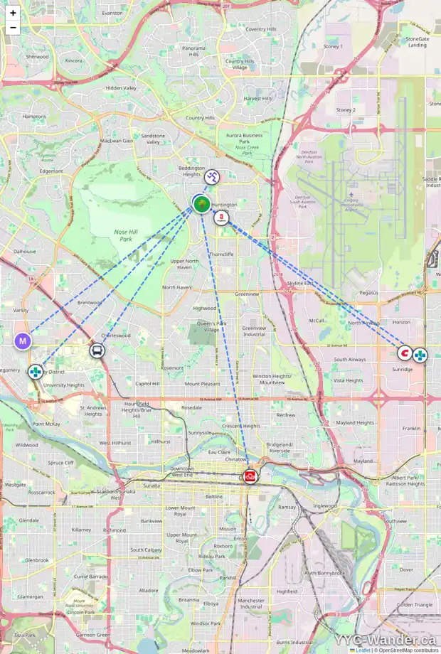 Daily accessibility map for 7724 HUNTERSLEA CR NW, Calgary showing nearby schools, grocery stores, parks, LRT stations and nearby amenities