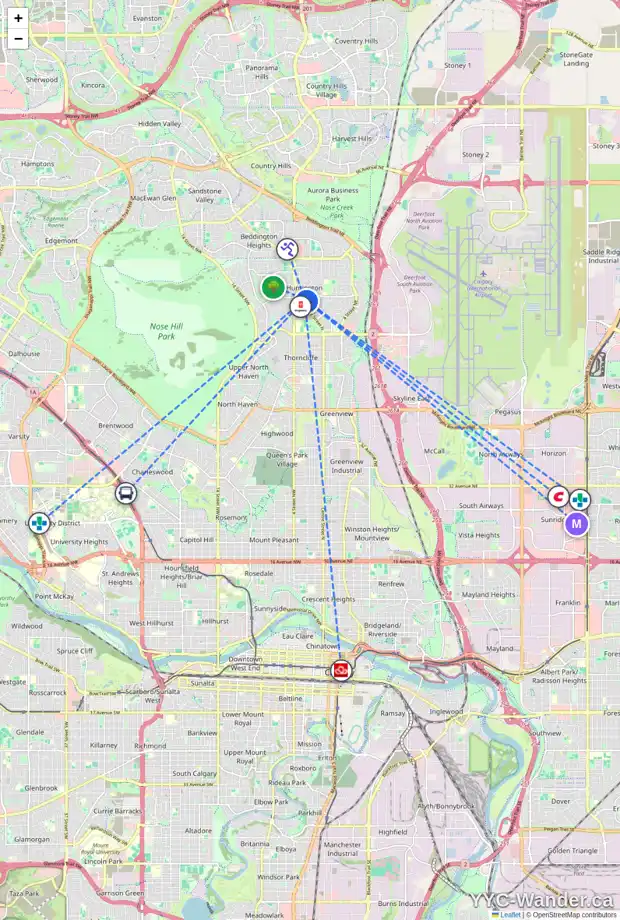 Daily accessibility map for 103 HUNTFORD RD NE, Calgary showing nearby schools, grocery stores, parks, LRT stations and nearby amenities