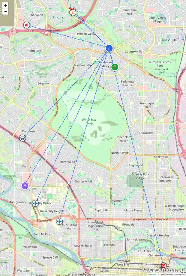 Daily accessibility map for 10316 HIDDEN VALLEY DR NW, Calgary showing nearby schools, grocery stores, parks, LRT stations and nearby amenities