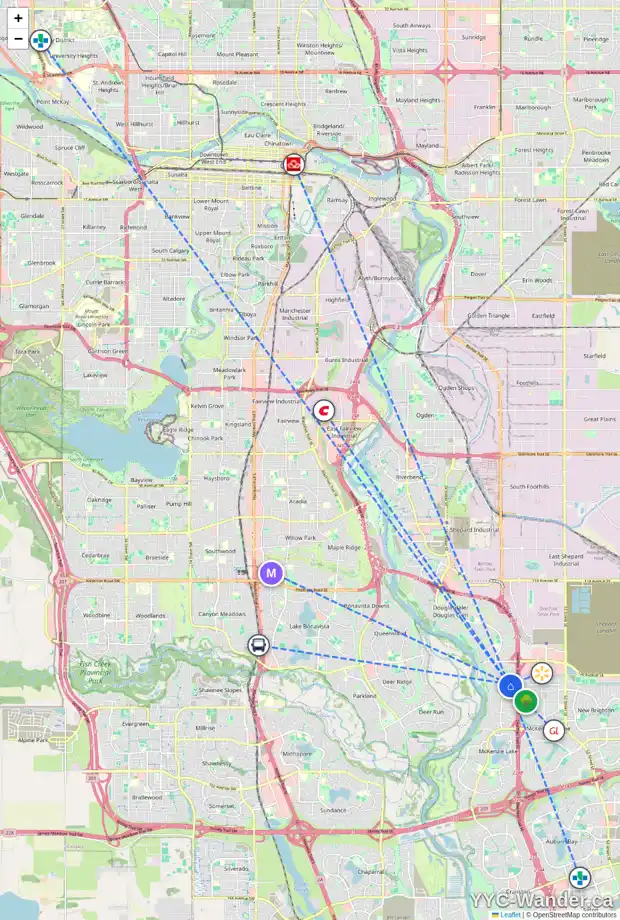 Daily accessibility map for 331 MT APEX GR SE, Calgary showing nearby schools, grocery stores, parks, LRT stations and nearby amenities