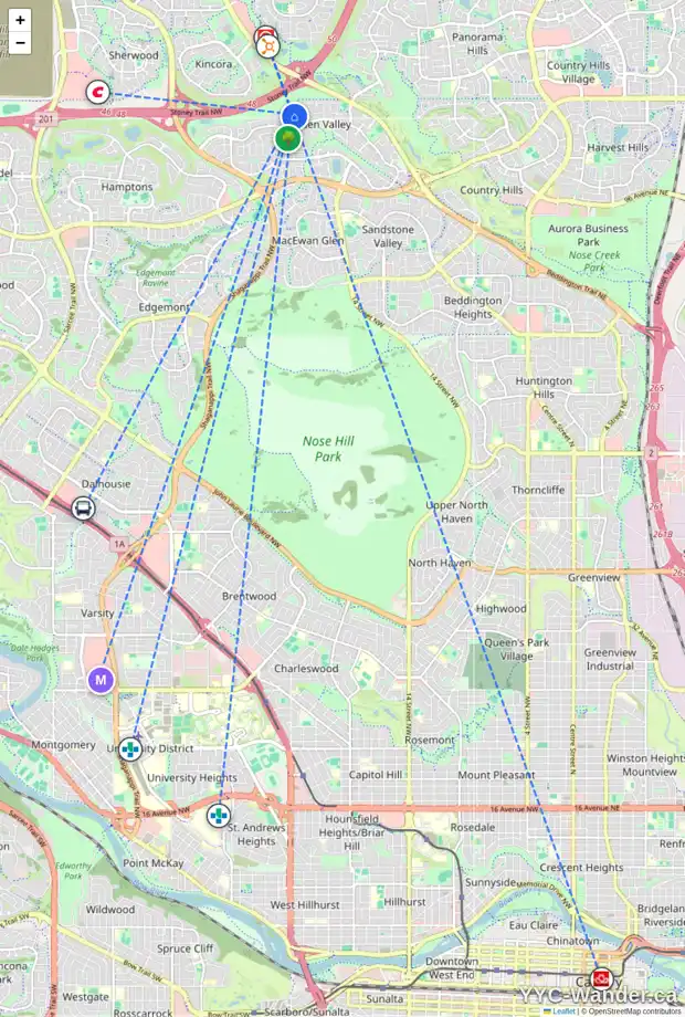 Daily accessibility map for 96 HIDDEN RIDGE VW NW, Calgary showing nearby schools, grocery stores, parks, LRT stations and nearby amenities