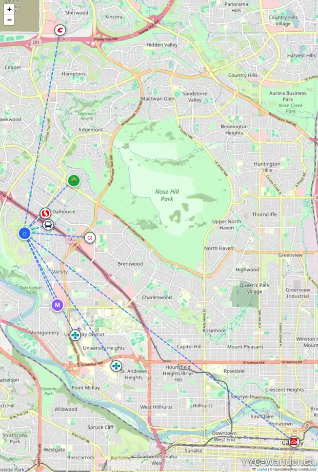 Daily accessibility map for 217 VARSITY ESTATES BA NW, Calgary showing nearby schools, grocery stores, parks, LRT stations and nearby amenities