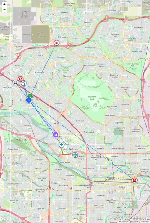 Daily accessibility map for 612 SILVERGROVE DR NW, Calgary showing nearby schools, grocery stores, parks, LRT stations and nearby amenities