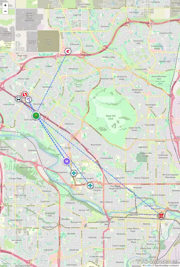 Daily accessibility map for 220 SILVER SPRINGS GR NW, Calgary showing nearby schools, grocery stores, parks, LRT stations and nearby amenities
