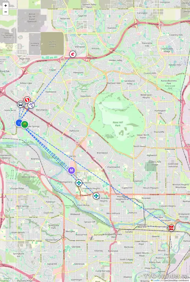 Daily accessibility map for 124 SILVERCREEK CR NW, Calgary showing nearby schools, grocery stores, parks, LRT stations and nearby amenities