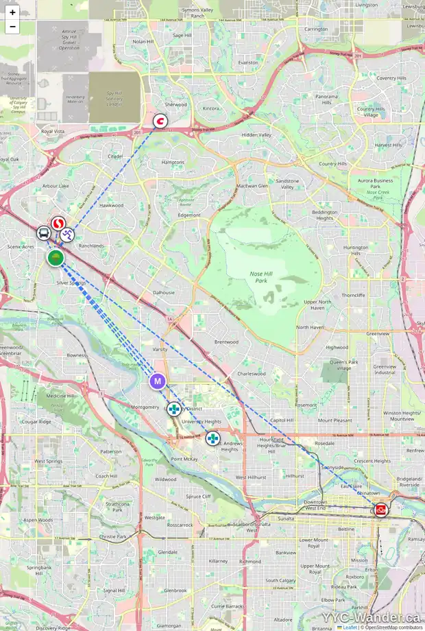 Daily accessibility map for 7956 71 AV NW, Calgary showing nearby schools, grocery stores, parks, LRT stations and nearby amenities