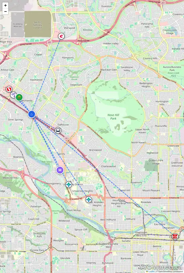 Daily accessibility map for 536 RANCHVIEW CO NW, Calgary showing nearby schools, grocery stores, parks, LRT stations and nearby amenities