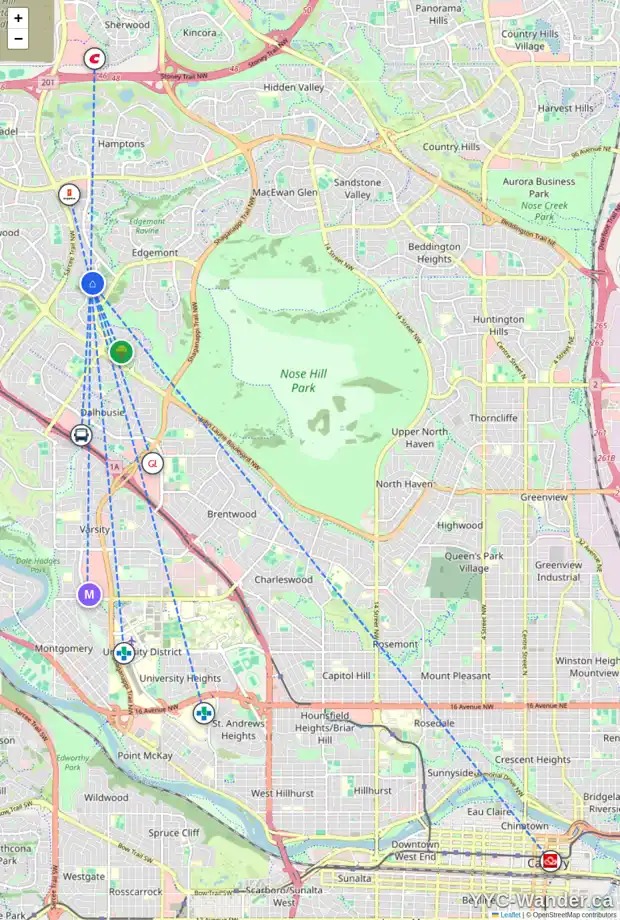 Daily accessibility map for 215 EDGEDALE DR NW, Calgary showing nearby schools, grocery stores, parks, LRT stations and nearby amenities