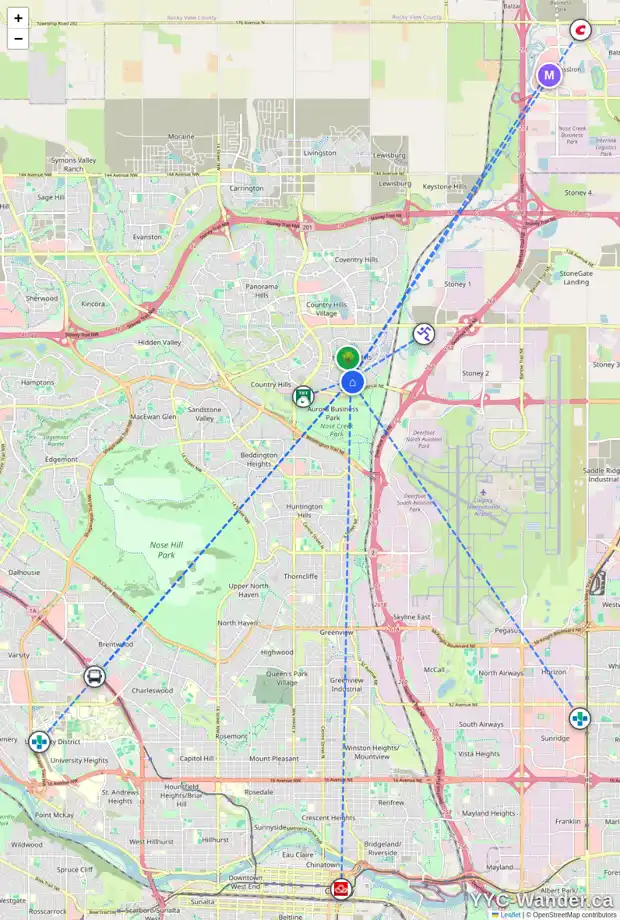 Daily accessibility map for 883 HARVEST HILLS DR NE, Calgary showing nearby schools, grocery stores, parks, LRT stations and nearby amenities