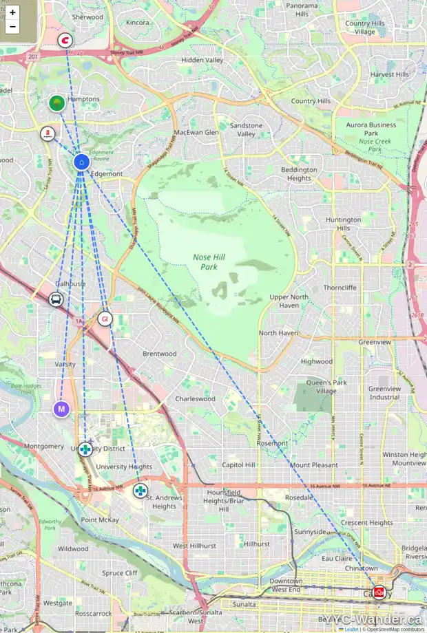 Daily accessibility map for 191 EDGEVIEW DR NW, Calgary showing nearby schools, grocery stores, parks, LRT stations and nearby amenities