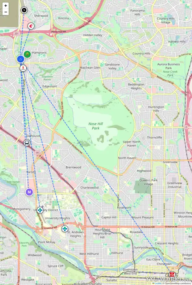 Daily accessibility map for 220 HAMPSHIRE PL NW, Calgary showing nearby schools, grocery stores, parks, LRT stations and nearby amenities
