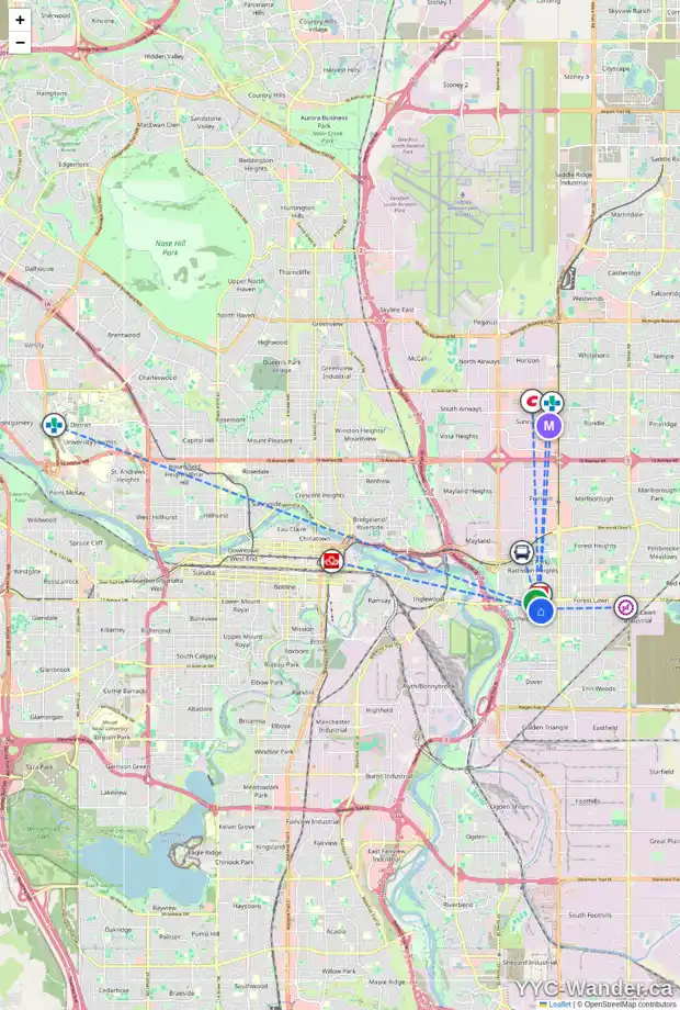 Daily accessibility map for 3213 19 AV SE, Calgary showing nearby schools, grocery stores, parks, LRT stations and nearby amenities