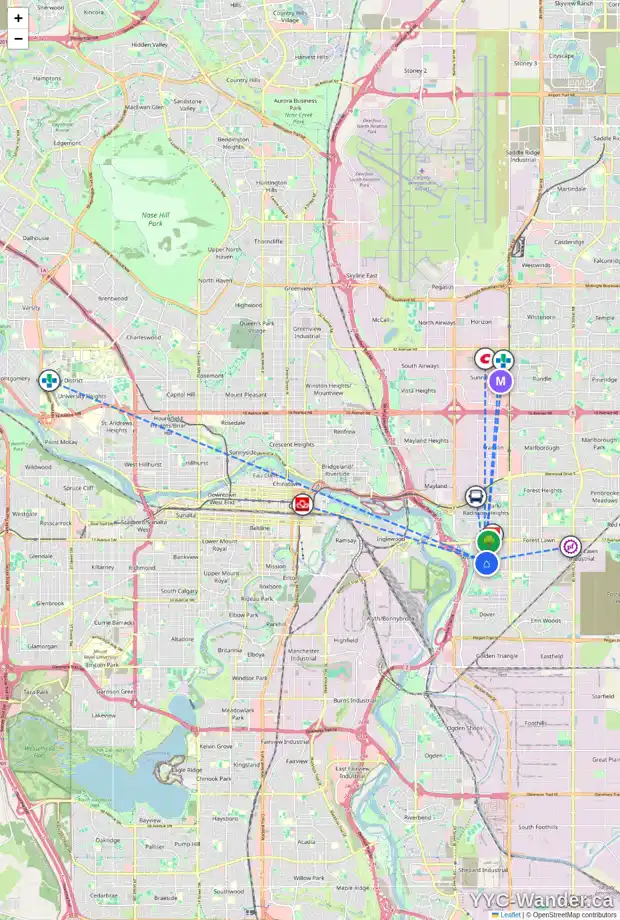 Daily accessibility map for 2047 33 ST SE, Calgary showing nearby schools, grocery stores, parks, LRT stations and nearby amenities