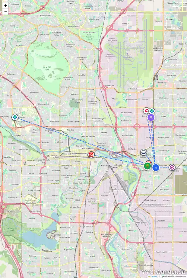 Daily accessibility map for 1836 37 ST SE, Calgary showing nearby schools, grocery stores, parks, LRT stations and nearby amenities