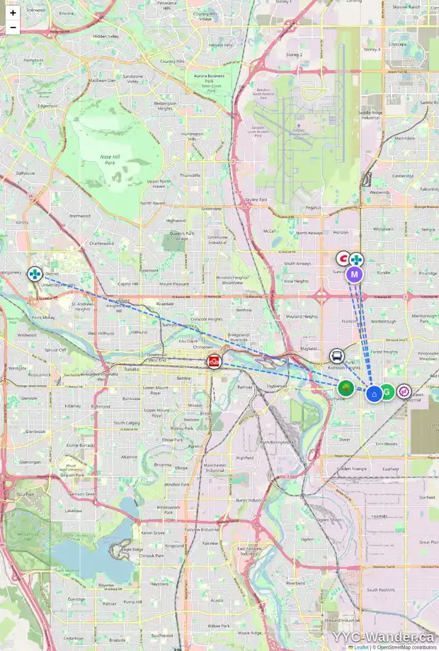 Daily accessibility map for 2012 40 ST SE, Calgary showing nearby schools, grocery stores, parks, LRT stations and nearby amenities